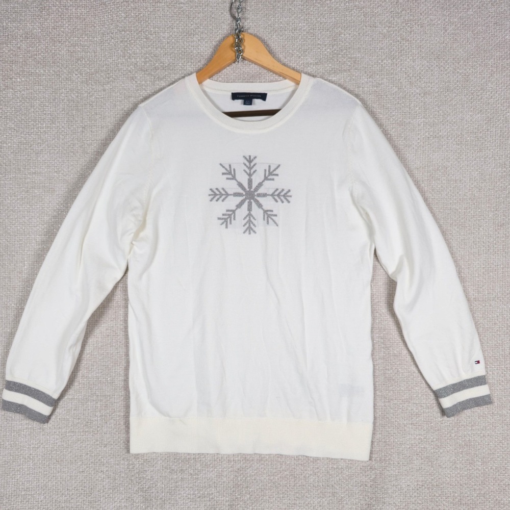 Tommy Hilfiger Womens White Silver‎ Glitter Snowflake Sweater Size L Holiday